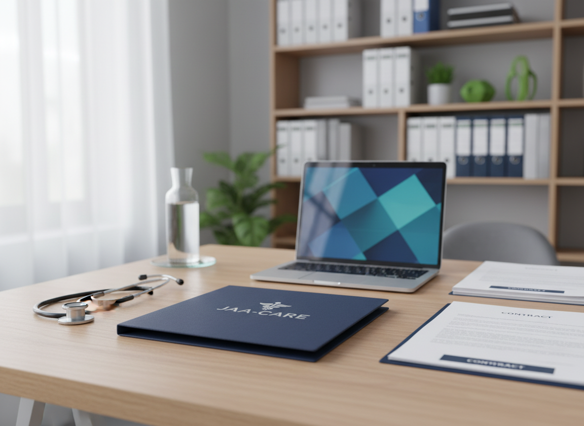 A neatly arranged care office desk featuring a closed navy-blue folder embossed with the Jaa-Care logo in silver, lying on a light oak surface beside a stethoscope, a sleek silver laptop, and a neatly stacked set of contract documents. In the background, out of focus, stand organized shelves with labeled binders and soft green accents symbolizing healthcare. Soft daylight from a nearby window washes the scene in gentle, diffused light, creating subtle reflections on the metal and glass surfaces. Photographic realism, eye-level composition with a shallow depth of field, clean and modern aesthetic, evoking reliability, professionalism, and trustworthy healthcare staffing services without showing any people.