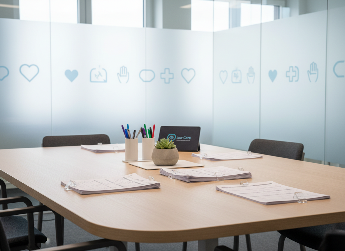 An inviting meeting table in a bright, modern healthcare office, featuring a centerpiece of a small potted plant, neatly arranged printed care schedules, color-coded pens, and a closed tablet with a subtle Jaa-Care logo on its cover. The table is made of light wood, with smooth, rounded edges and a matte finish. Behind it, a frosted glass wall subtly displays icons of hearts, hands, and medical crosses in pale blue. Soft overcast daylight filters through large windows, creating an even, calm illumination. Photographic realism, shot from a slightly elevated angle with balanced composition and sharp focus throughout, conveying structured collaboration, transparency, and careful planning in healthcare detachering.