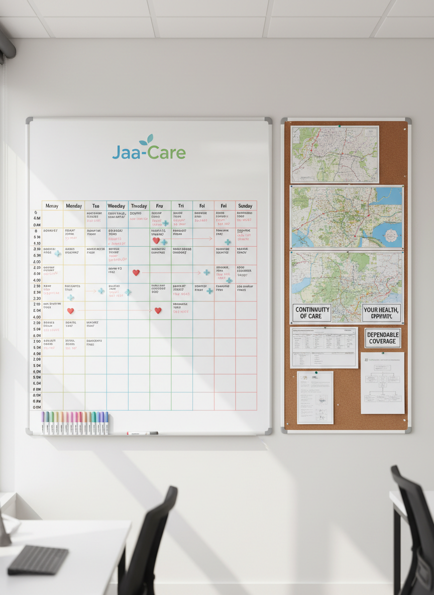 An organized planning wall in a care staffing office, featuring a large whiteboard with a carefully drawn weekly schedule in multiple pastel colors, magnetic markers aligned at the bottom, and small magnets shaped like hearts and crosses marking critical shifts. Adjacent to the whiteboard is a pinboard with neatly pinned location maps, printed procedures, and inspirational, care-related quotes in simple typography. The room is lit by soft, natural daylight from a high side window, producing an even, neutral tone and gentle shadows. Photographic realism, shot from a straight-on eye-level perspective with moderate depth of field, presenting a clear, structured view. The atmosphere is calm, methodical, and reassuring, highlighting how Jaa-Care ensures continuity, planning, and dependable coverage in healthcare detachering.