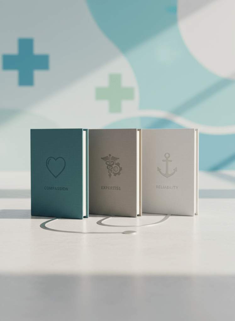 A symbolic still life representing the founders’ vision: three distinct, upright hardcover notebooks in muted tones of deep teal, warm gray, and soft white, each embossed with subtle icons representing compassion, expertise, and reliability. They stand together on a smooth, light concrete surface, with a thin silver line connecting them like a minimalist path. In the background, softly blurred, are abstract shapes in soft blues and greens suggesting a healthcare environment. Gentle side lighting from the right casts long, soft shadows, emphasizing texture and unity. Photographic realism with a minimalist, clean composition using rule of thirds, creating a calm, thoughtful atmosphere that reflects personal motivation, partnership, and shared drive behind Jaa-Care.