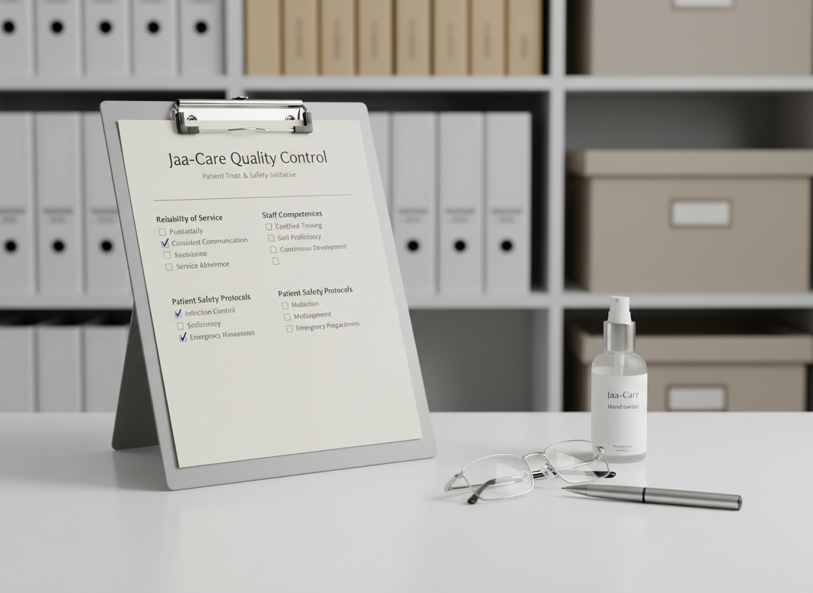 A close-up of a detailed care quality checklist clipped to a metal clipboard, resting on a spotless white surface in a clinical yet warm environment. The checklist features neatly printed items about reliability, competencies, and patient safety, with some boxes ticked in blue ink. Next to it lies a pair of reading glasses, a silver pen, and a small, closed bottle of hand sanitizer. In the softly blurred background, shelves with organized medical files and neutral-toned storage boxes suggest rigorous administration. Soft studio-style lighting from the left creates gentle shadows and crisp clarity. Photographic realism, tight framing with shallow depth of field, creating a focused, professional atmosphere that emphasizes Jaa-Care’s commitment to quality control and trustworthy care.