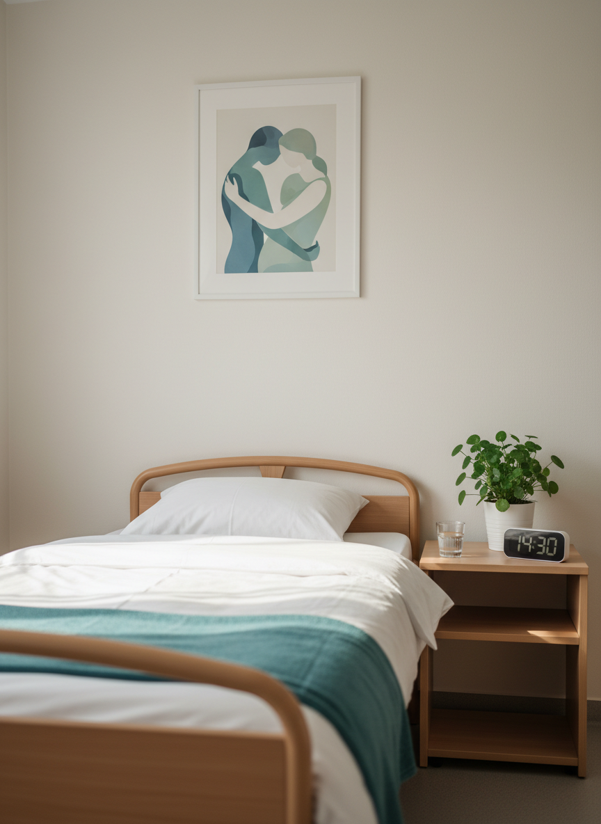 A serene care environment corner showing a neatly made hospital-style bed with crisp white linens, a folded soft teal blanket at the foot, and a bedside table holding a digital alarm clock, a glass of water, and a small, leafy plant in a white ceramic pot. On the wall above, a framed, minimalist poster shows abstract shapes forming a protective embrace, in soft blue and green tones. Gentle afternoon daylight enters from an unseen window, casting warm, diffused light and soft shadows across the linens. Photographic realism, composed with a slightly wide angle and subtle depth of field, creating a peaceful, safe, and professional atmosphere that reflects the end result of reliable, well-organized care staffing.